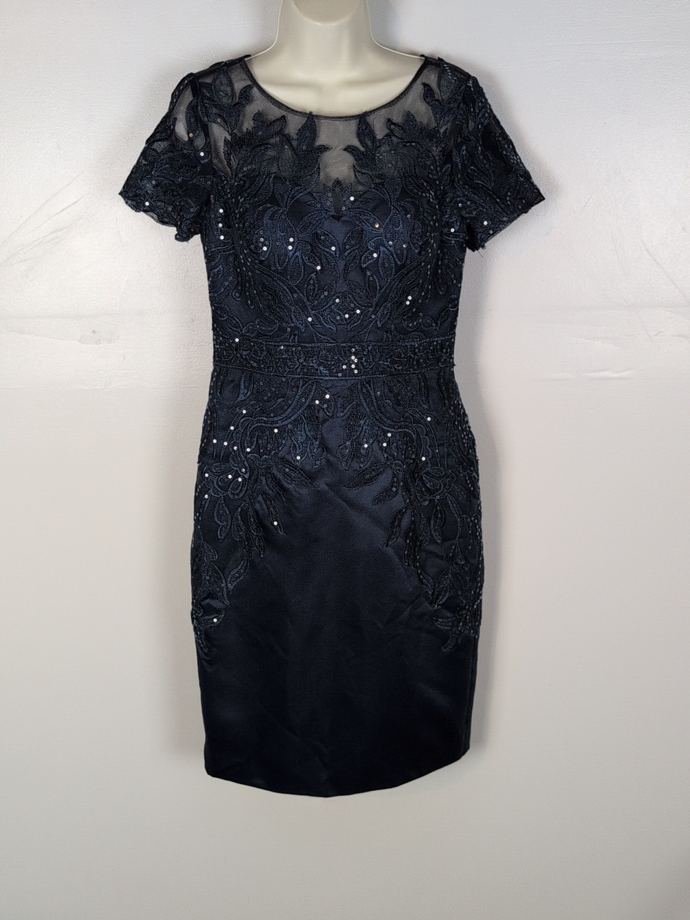 JJs House Navy Blue Embellished Lace Sheath Dress